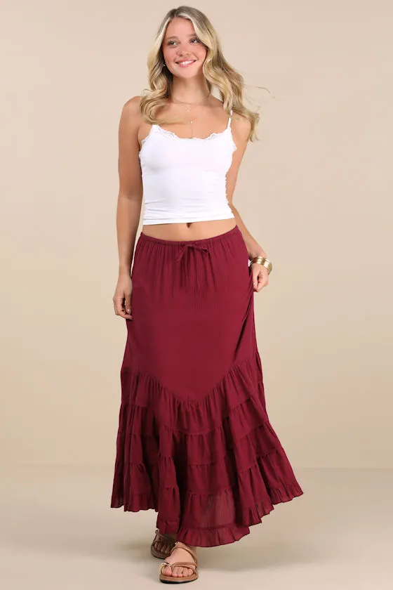 Bedelia Dark Red Tiered Drawstring Maxi Skirt sold by Lulus
