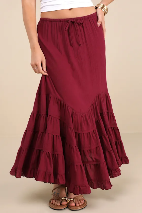 Bedelia Dark Red Tiered Drawstring Maxi Skirt sold by Lulus product image thumbnail 2