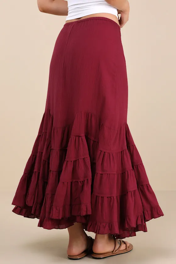 Bedelia Dark Red Tiered Drawstring Maxi Skirt sold by Lulus product image thumbnail 3