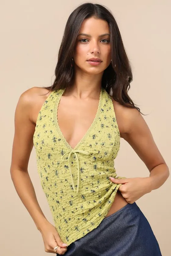 Aruna Light Green Floral Textured Knit Halter Top sold by Lulus