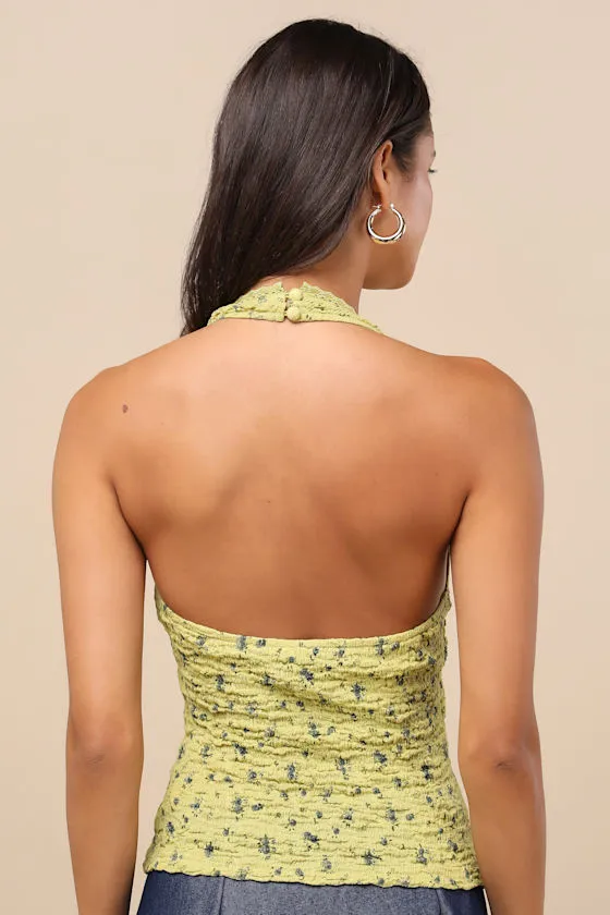 Aruna Light Green Floral Textured Knit Halter Top sold by Lulus product image thumbnail 2