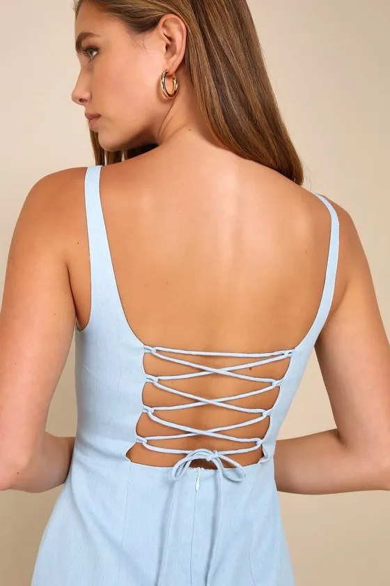 Adorable Concept Blue Lace-Up Backless Drop Waist Mini Dress sold by Lulus product image thumbnail 4