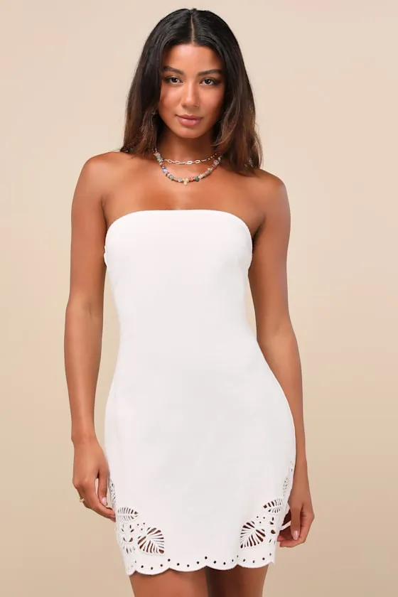 Ineth White Denim Strapless Embroidered Mini Dress sold by Lulus