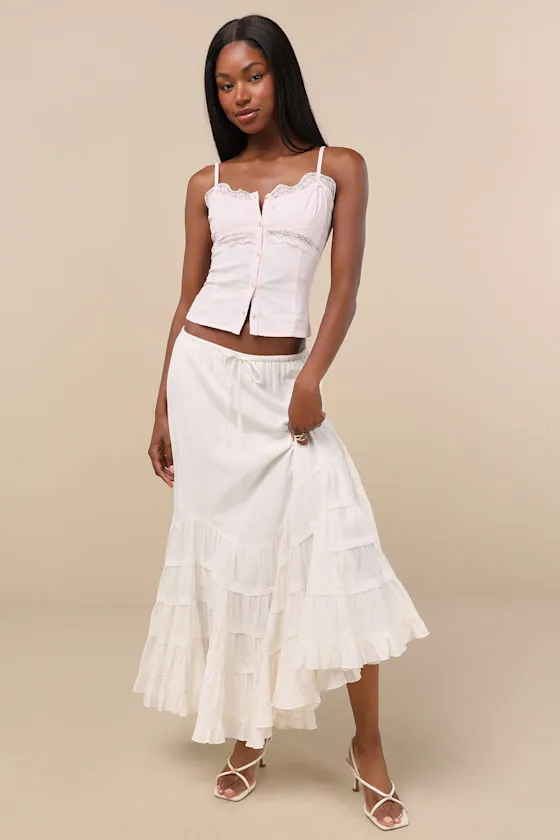 Bedelia Ivory Tiered Drawstring Maxi Skirt sold by Lulus