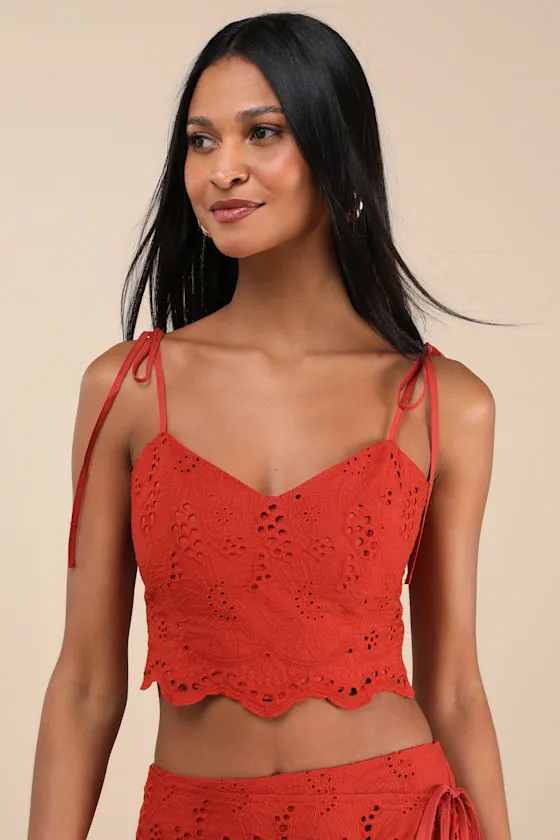 Kamilla Rust Red Eyelet Embroidered Tie-Strap Tank Top sold by Lulus