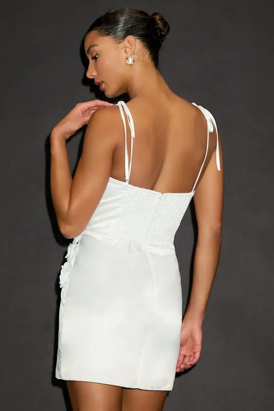 Nafissa White Satin Floral Applique Tie-Strap Mini Dress sold by Lulus product image thumbnail 3