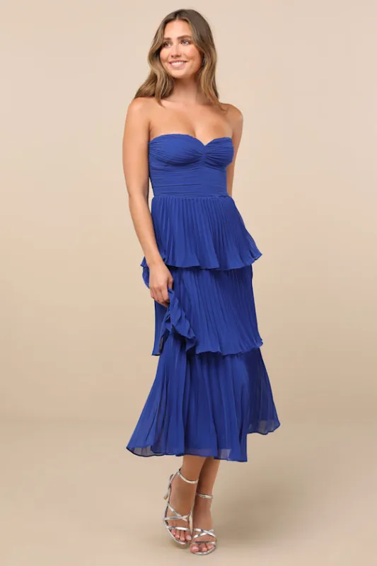 Seriously Sensational Cobalt Blue Strapless Tiered Midi Dress sold by Lulus