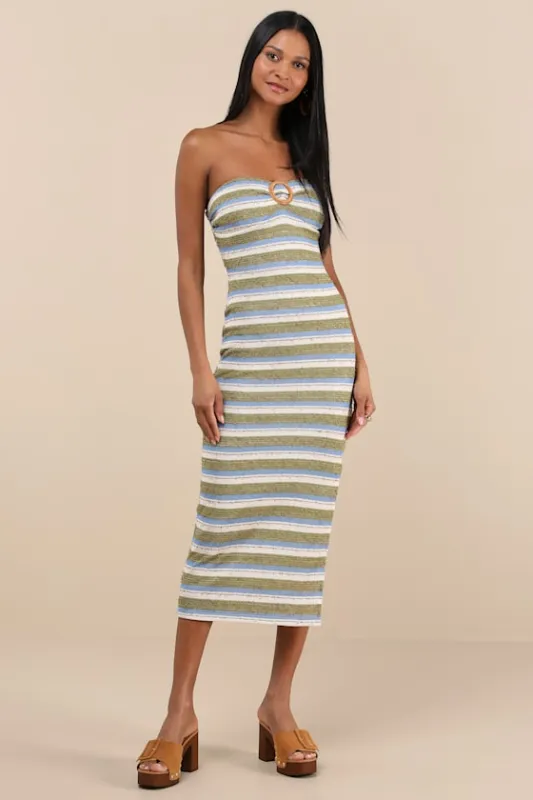 Mileka Green Striped Textured Knit Strapless Midi Sweater Dress sold by Lulus