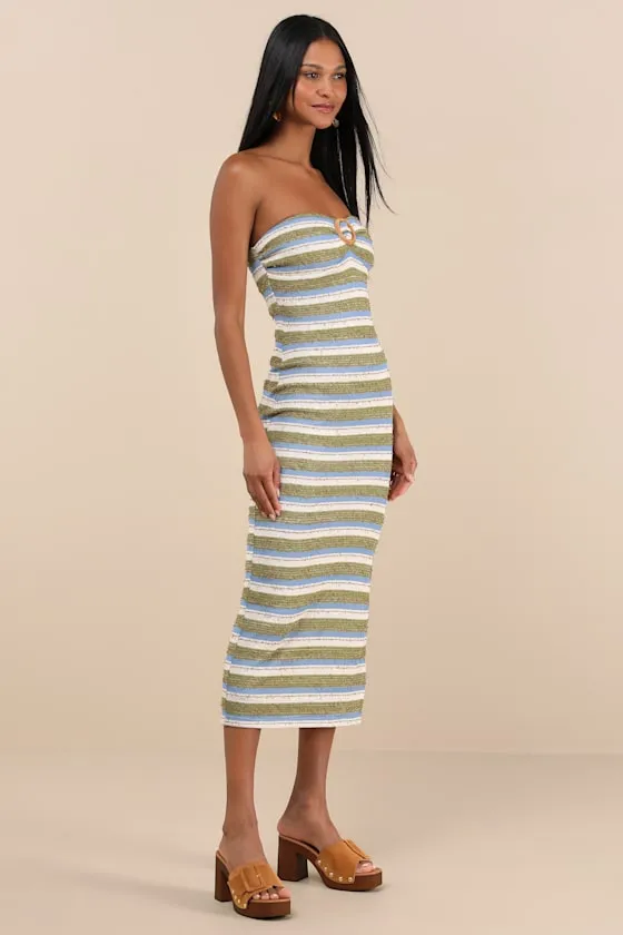 Mileka Green Striped Textured Knit Strapless Midi Sweater Dress sold by Lulus product image thumbnail 3