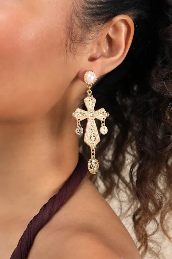 Annise Gold Cross Statement Earrings sold by Lulus