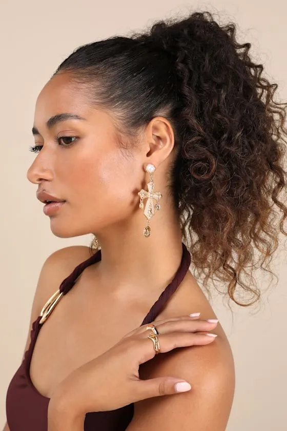 Annise Gold Cross Statement Earrings sold by Lulus product image thumbnail 3