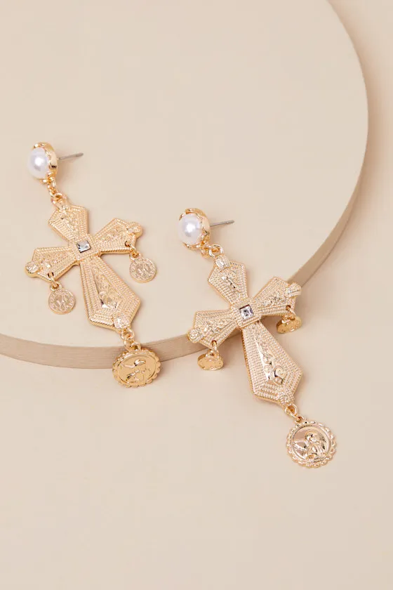 Annise Gold Cross Statement Earrings sold by Lulus product image thumbnail 4