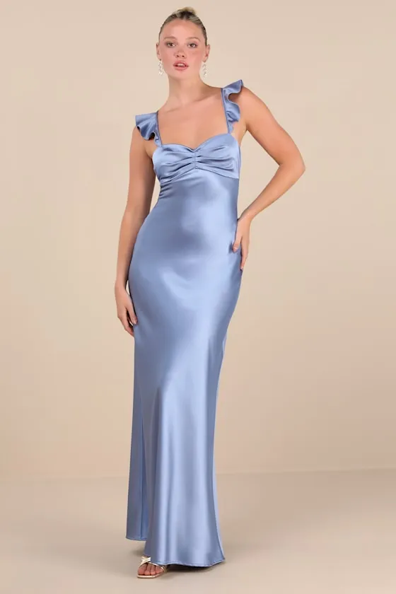 Exuberant Luxury Periwinkle Satin Ruffled Lace-Up Maxi Dress sold by Lulus product image thumbnail 2
