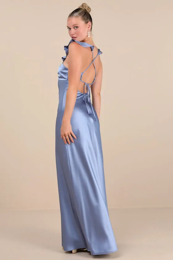 Exuberant Luxury Periwinkle Satin Ruffled Lace-Up Maxi Dress sold by Lulus product image thumbnail 3