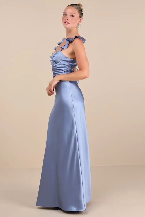 Exuberant Luxury Periwinkle Satin Ruffled Lace-Up Maxi Dress sold by Lulus product image thumbnail 4