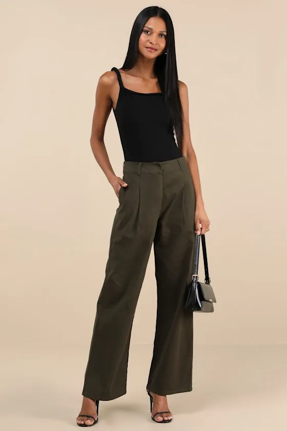 Charismatic Success Olive Pleated High-Rise Wide-Leg Pants sold by Lulus