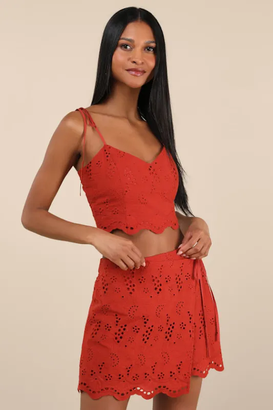Kamilla Rust Red Eyelet Embroidered Mini Wrap Skirt sold by Lulus