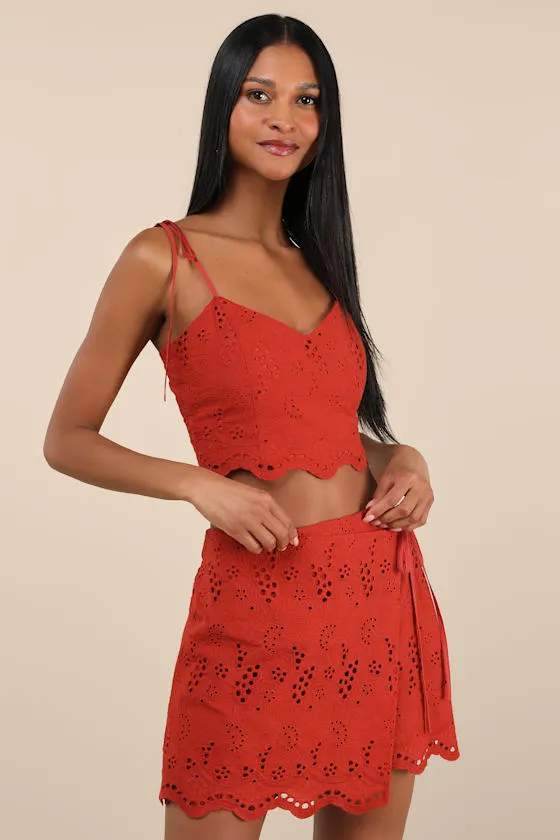 Kamilla Rust Red Eyelet Embroidered Mini Wrap Skirt sold by Lulus
