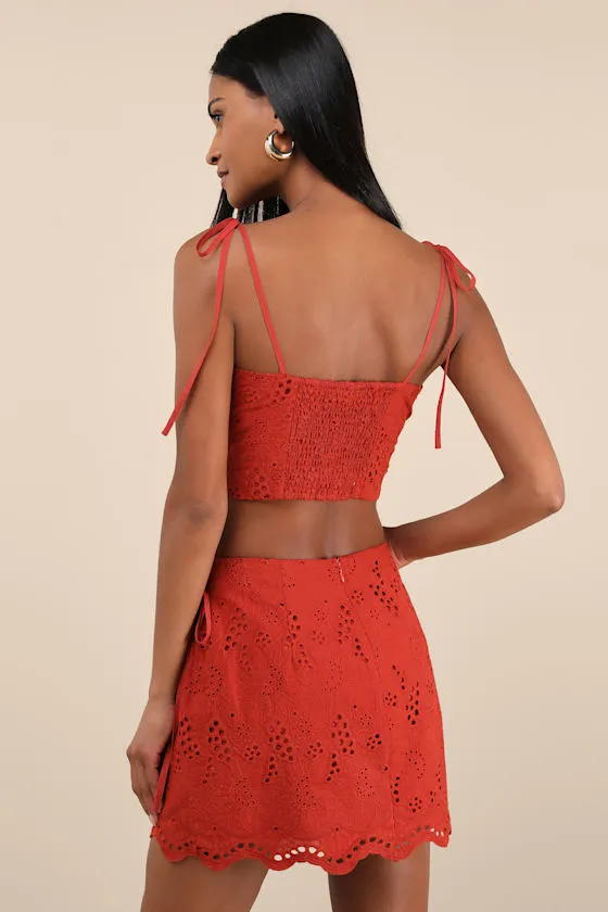Kamilla Rust Red Eyelet Embroidered Mini Wrap Skirt sold by Lulus product image thumbnail 2