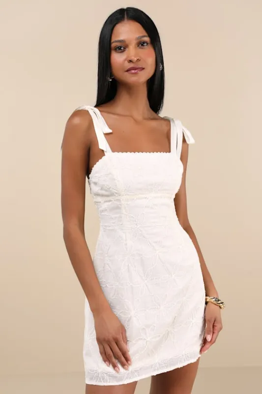 Mizuki Cream Embroidered Tie-Strap Mini Dress sold by Lulus