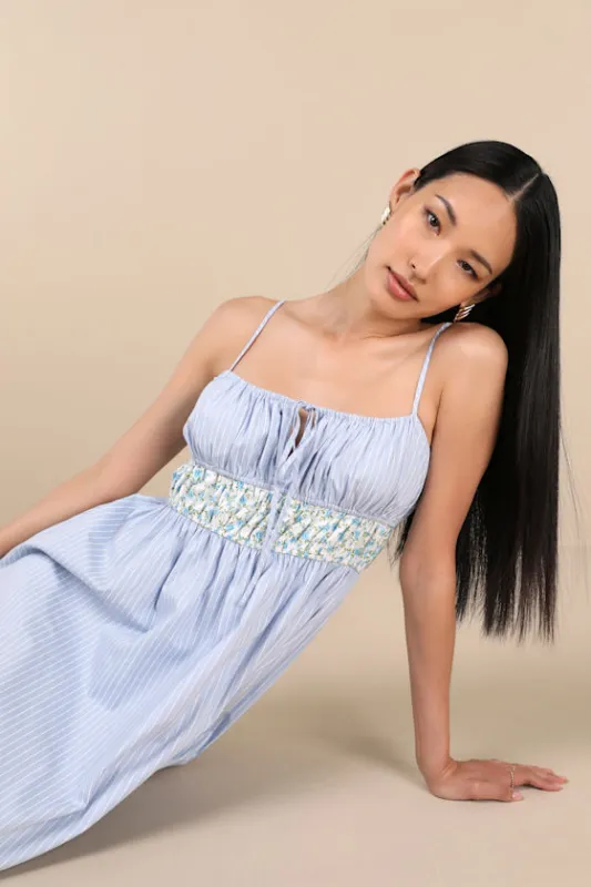 Shereen Blue Striped and Floral Sleeveless Poplin Midi Dress sold by Lulus