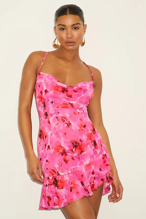 Cina Hot Pink Floral Lace-Up Mini Dress sold by Lulus product image thumbnail 2