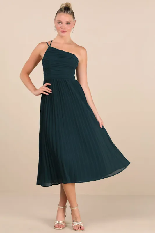 Wondrous Muse Emerald Pleated One-Shoulder Midi Dress sold by Lulus
