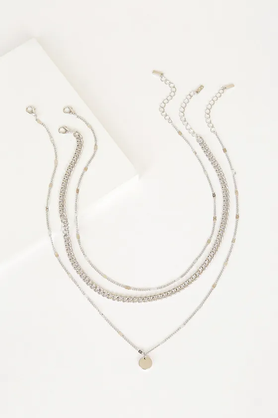 Three-Way Tie Silver Necklace Set sold by Lulus