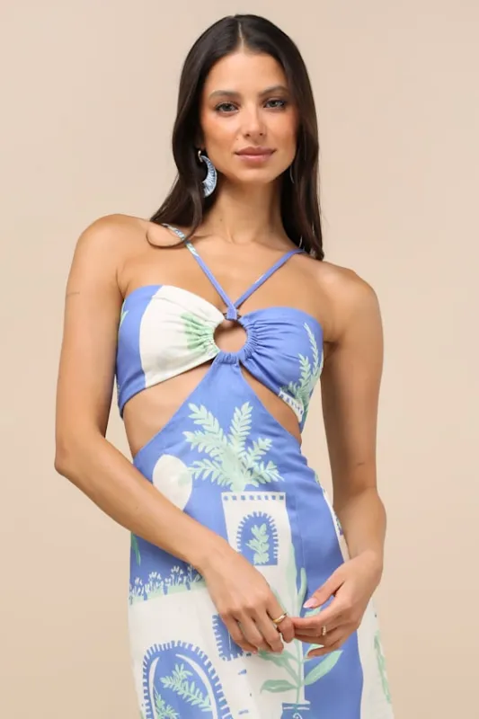 Beliana Blue Multi Print Halter O-Ring Midi Dress sold by Lulus