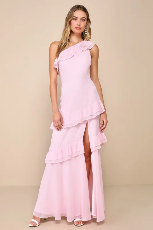 Brilliant Grace Light Pink Ruffled One-Shoulder Maxi Dress sold by Lulus