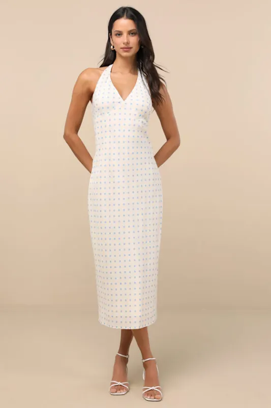 Meara Ivory and Blue Polka Dot Halter Midi Dress sold by Lulus