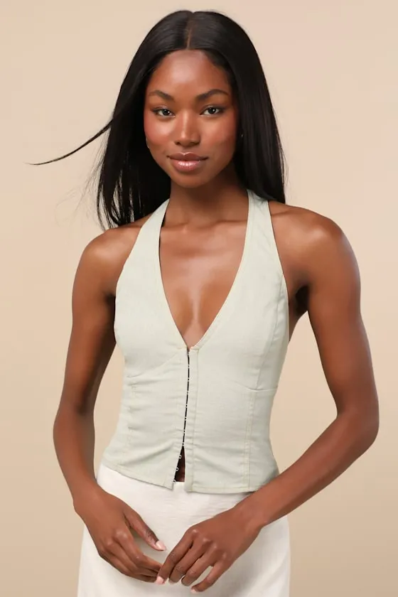 Astraia Sage Green Hook-and-Eye Halter Top sold by Lulus