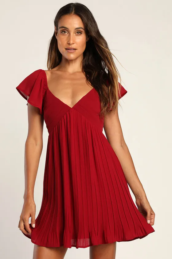Amalfi Coast Wine Red Pleated Flutter Sleeve Mini Dress sold by Lulus