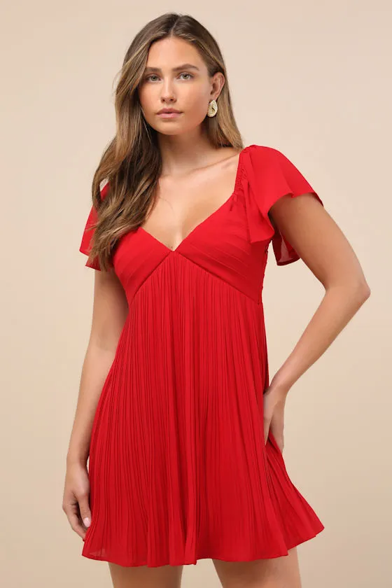 Amalfi Coast Wine Red Pleated Flutter Sleeve Mini Dress sold by Lulus product image thumbnail 2