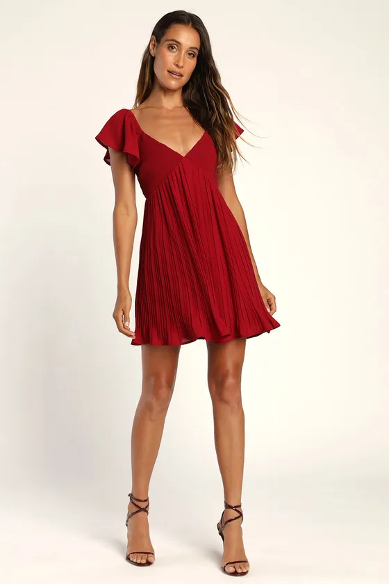 Amalfi Coast Wine Red Pleated Flutter Sleeve Mini Dress sold by Lulus product image thumbnail 3