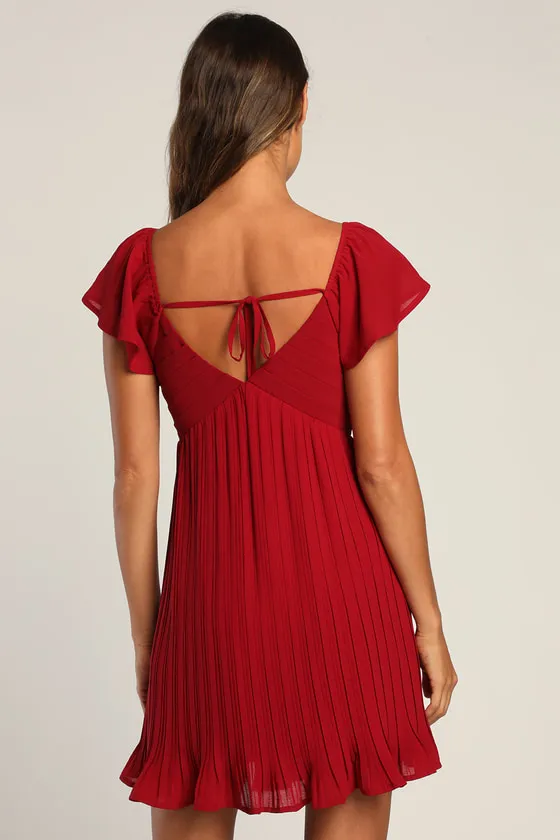 Amalfi Coast Wine Red Pleated Flutter Sleeve Mini Dress sold by Lulus product image thumbnail 4