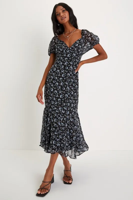 Gorgeous Inspiration Black Floral Puff Sleeve Midi Dress sold by Lulus
