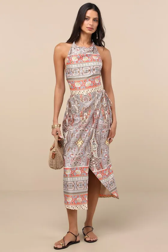 Radina Orange Paisley Print Satin Halter Midi Wrap Dress sold by Lulus