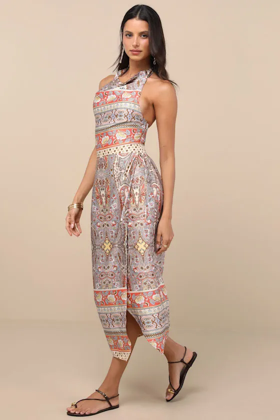 Radina Orange Paisley Print Satin Halter Midi Wrap Dress sold by Lulus product image thumbnail 2