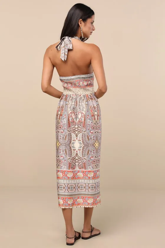 Radina Orange Paisley Print Satin Halter Midi Wrap Dress sold by Lulus product image thumbnail 3