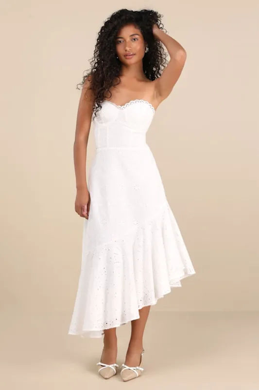 Andreia White Eyelet Bustier Asymmetrical Midi Dress sold by Lulus