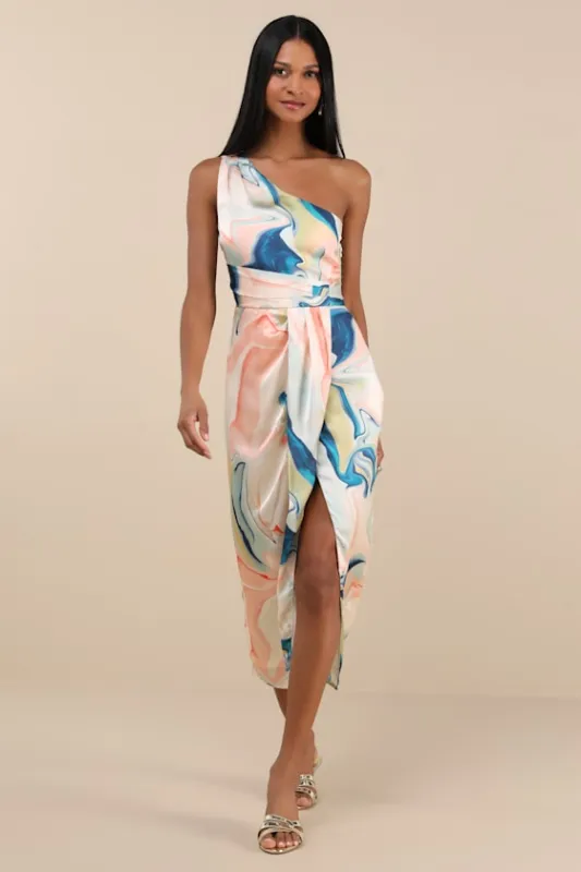 Rhema White Multi Abstract Print Satin Midi Dress sold by Lulus
