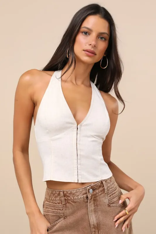 Astraia Light Heather Beige Hook-and-Eye Halter Top sold by Lulus