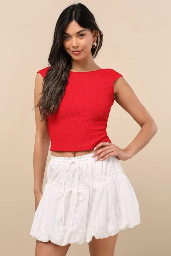 Kirsty White Tiered Drawstring Bubble-Hem Mini Skirt sold by Lulus