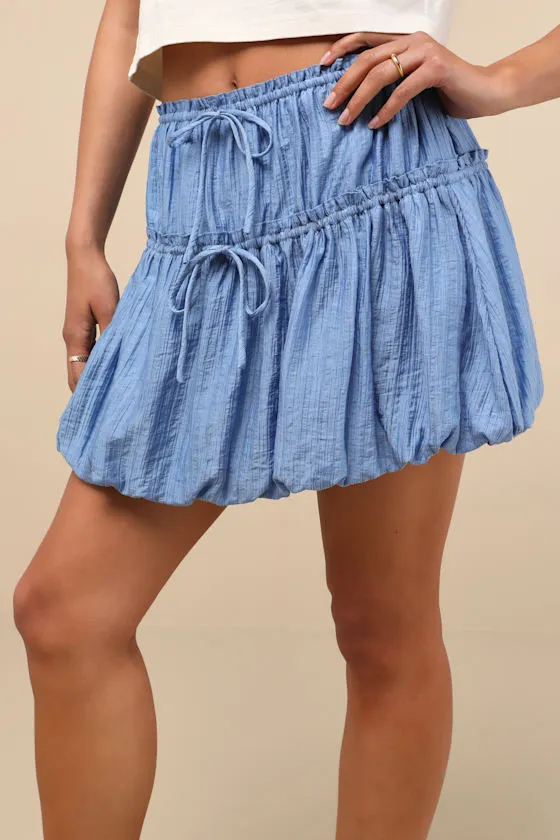 Kirsty Blue Striped Tiered Drawstring Bubble-Hem Mini Skirt sold by Lulus product image thumbnail 2