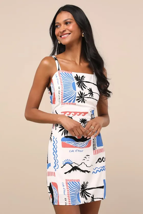 Azure Paradiso Ivory Multi Print Tie-Back Mini Dress sold by Lulus