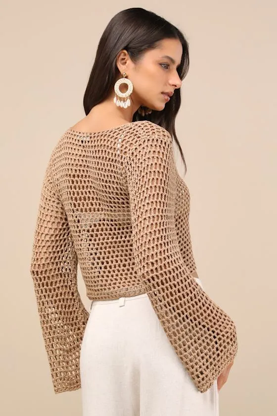 Saray Taupe Loose Crochet Knit Lace-Up Sweater Crop Top sold by Lulus product image thumbnail 2