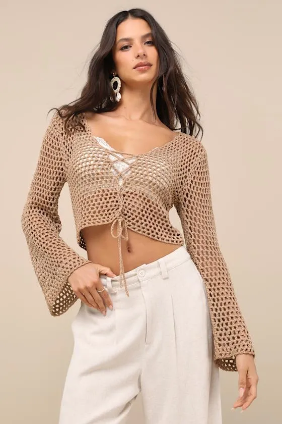 Saray Taupe Loose Crochet Knit Lace-Up Sweater Crop Top sold by Lulus product image thumbnail 3