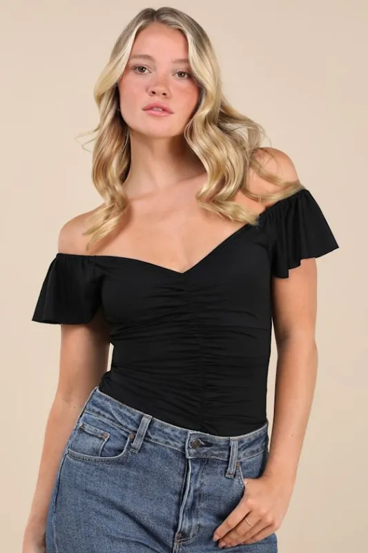 A Little Bit Of Love Black Ruched Flutter Sleeve Bodysuit sold by Lulus