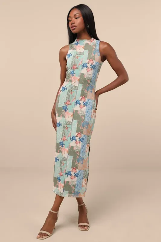 Ziya Olive Multi Floral Mesh Mock Neck Midi Dress sold by Lulus